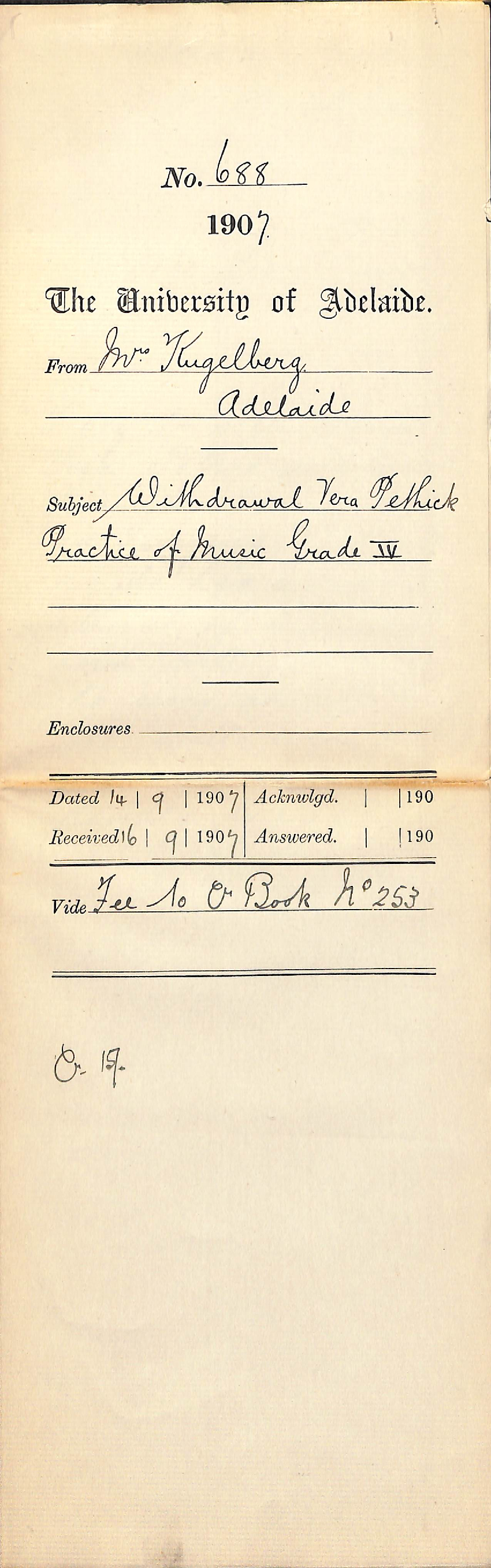 Mrs Kugelberg - Adelaide - Withdrawal Vera Pethick Practice of Music Grade 4
