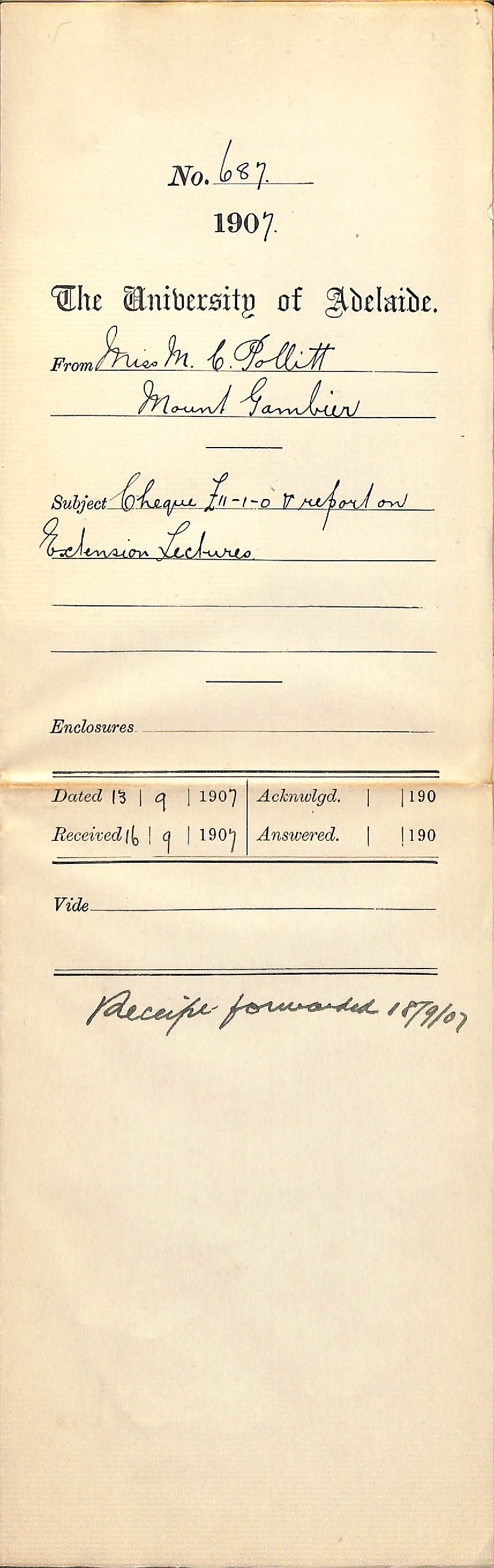 Miss M C Pollitt - Mount Gambier - Forwarding cheque and report on Professor Henderson's extension lectures
