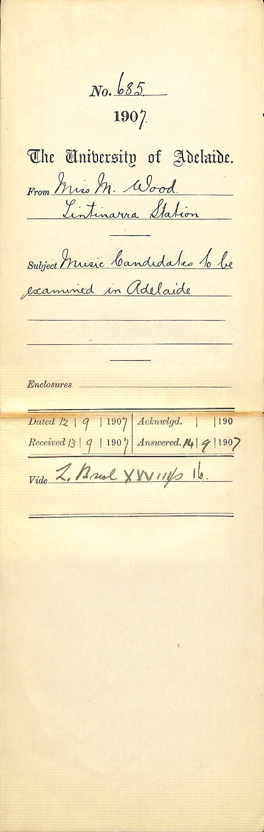 Miss Mary Wood - Tintinarra Station - Music Candidates to be examined in Adelaide