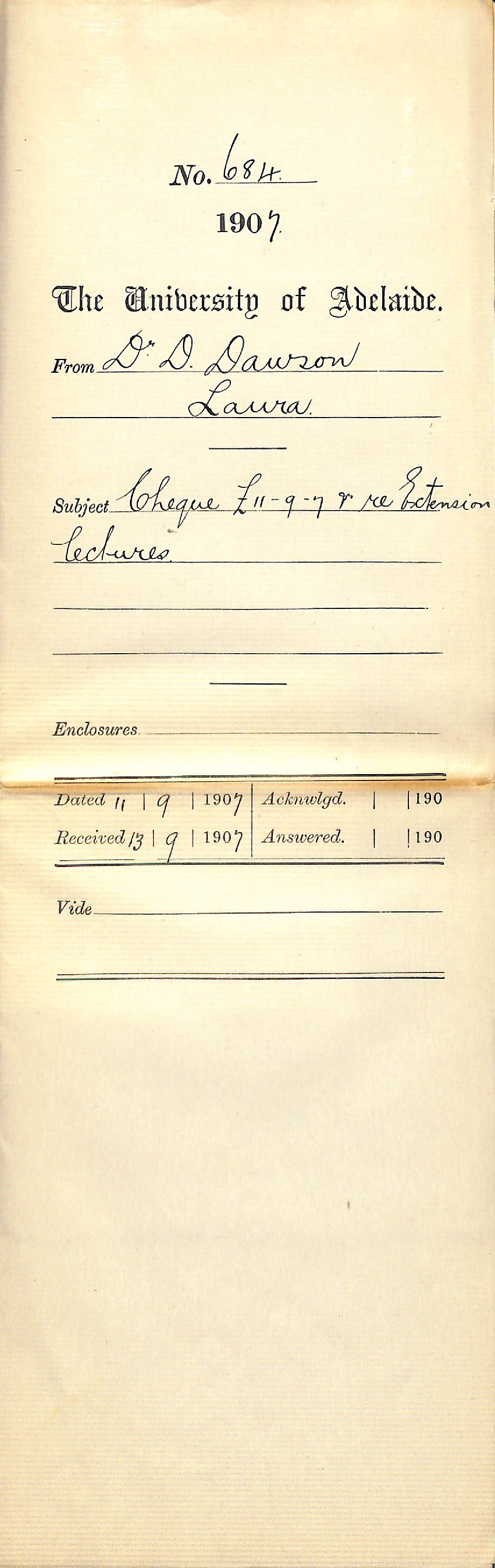 Dr D Dawson - Laura - Cheque &pound;11-9-7 Extension lectures