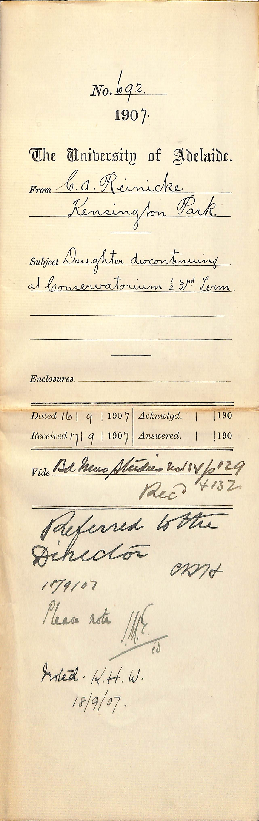 C A Reinecke - Kensington Park - Daughter discontinuin at Conservatorium half third Term