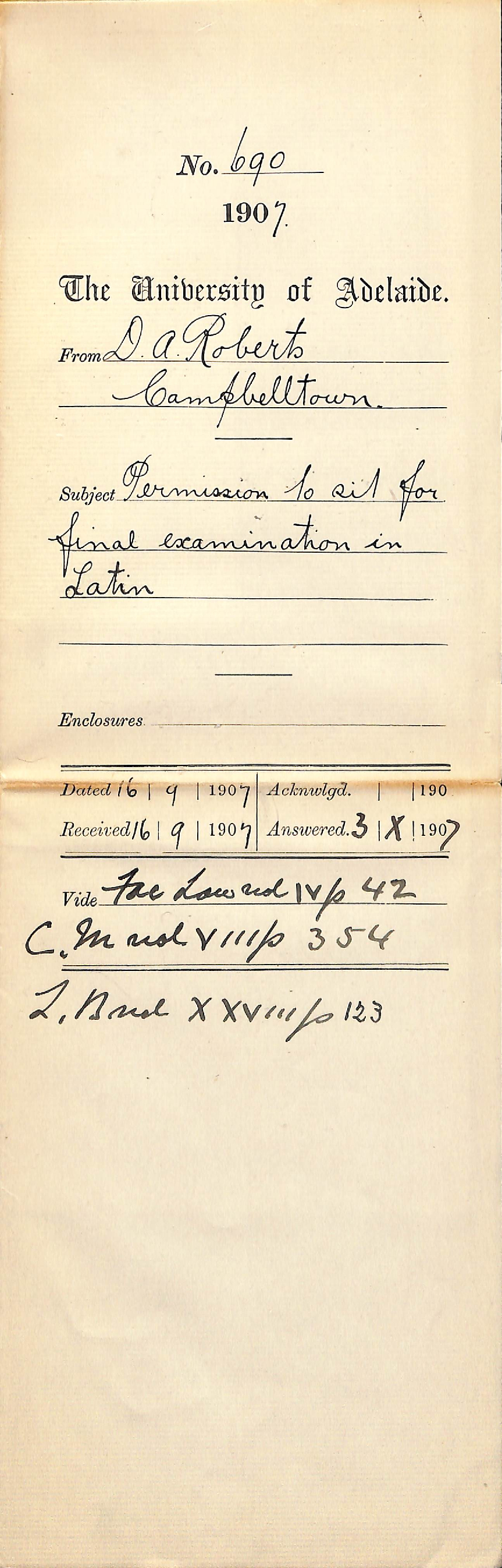 Donald A Roberts - Campbelltown - Permission to sit for final examination in Latin