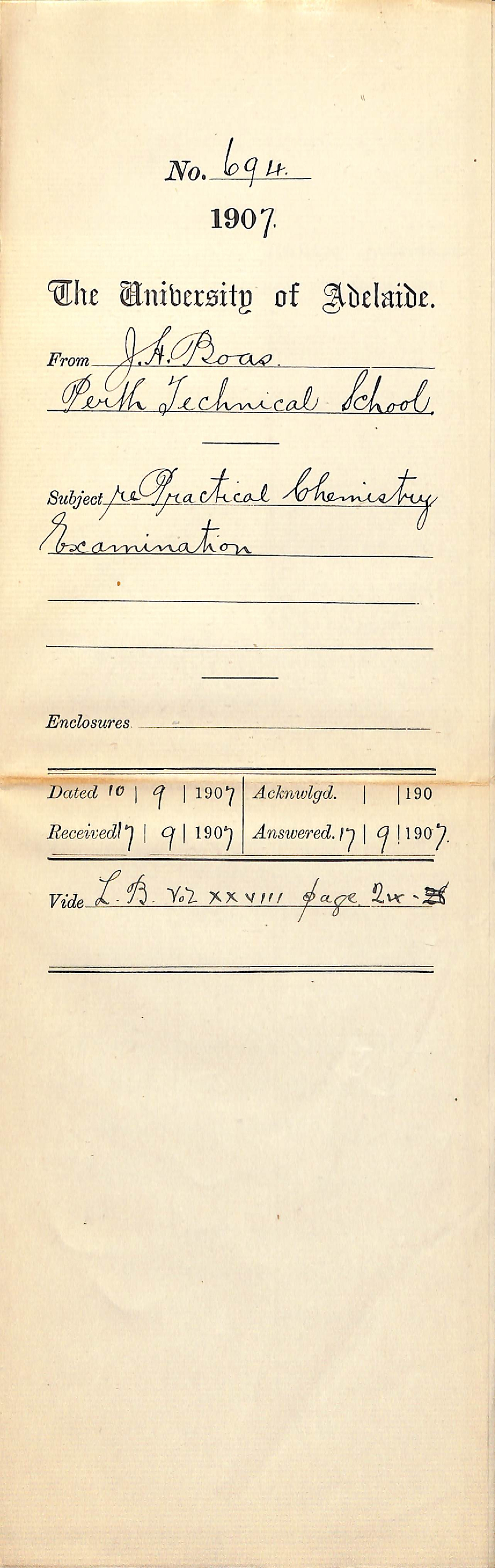 I H Boas - Perth Technical School - Practical Chemistry Examination