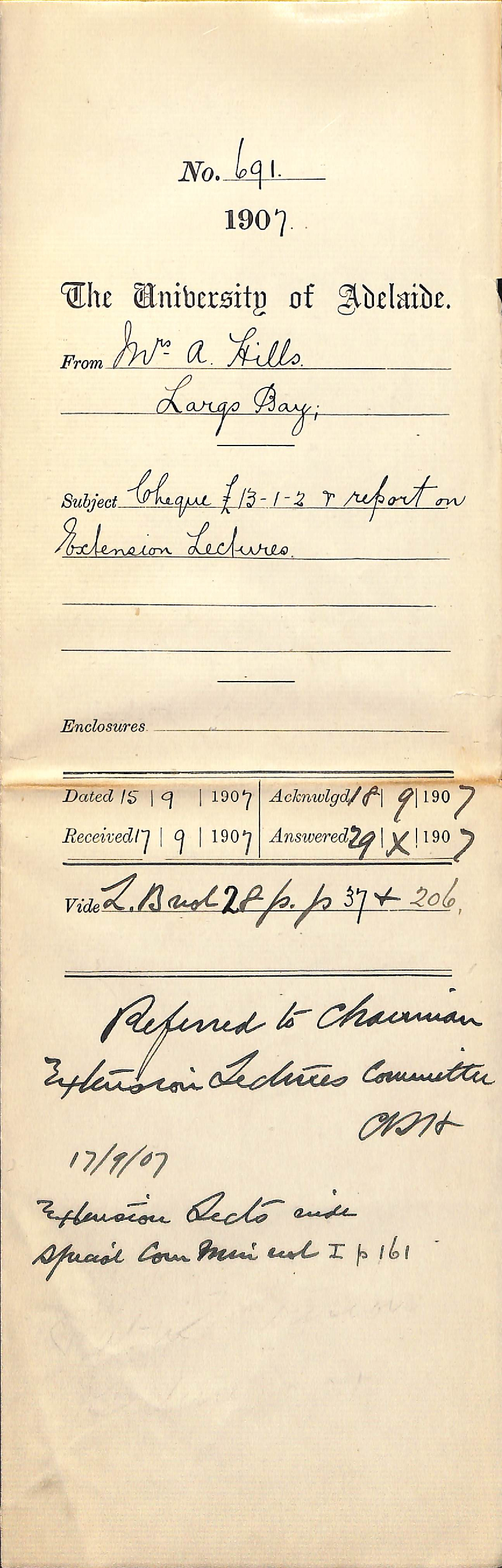 Mrs Alice Hills - Largs Bay - Cheque for &pound;13-1-2 and report on Extension Lectures
