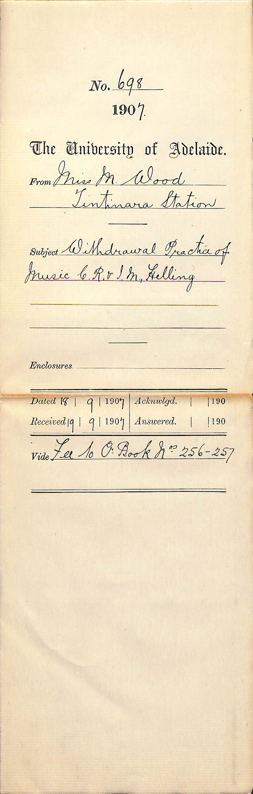 Miss Mary Wood - Tintinarra Station - Withdrawal Practice of Music C R and I M Helling