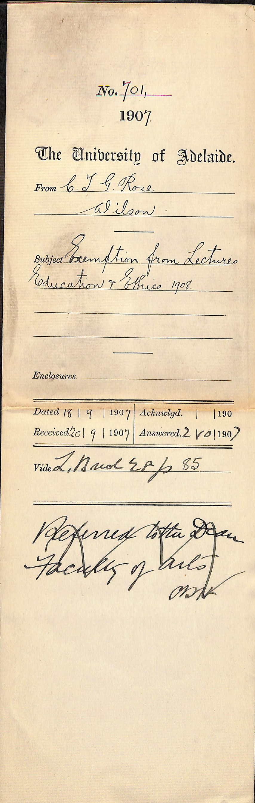 C J G Rose - Wilson - Exemption from lectures Education and Ethics 1908