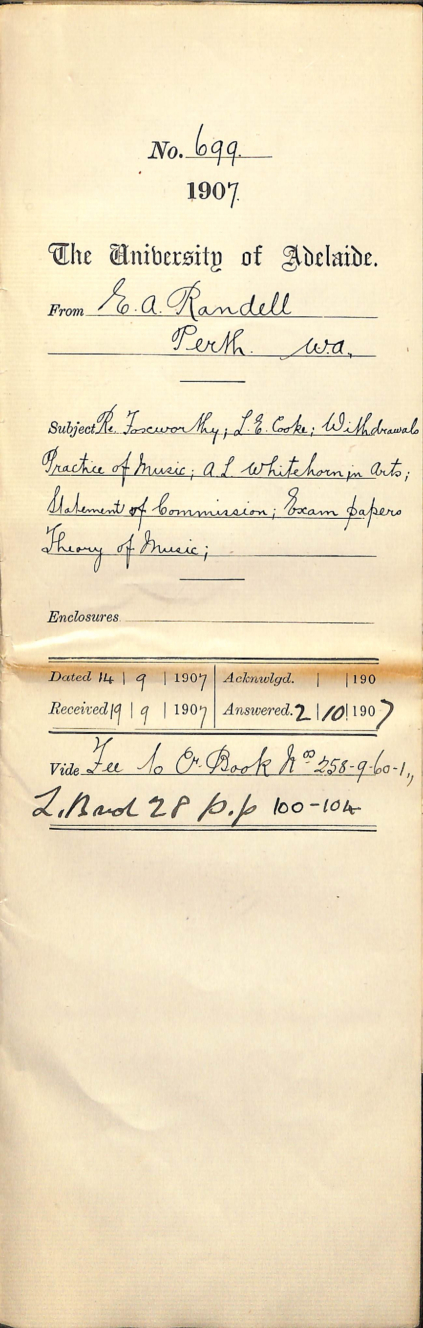 E A Randell - Perth Western Australia - Foxworthy L E Cooke Withdrawals Practice of Music A L Whitehorn in Arts Statement of Commission Exam papers Theory of Music