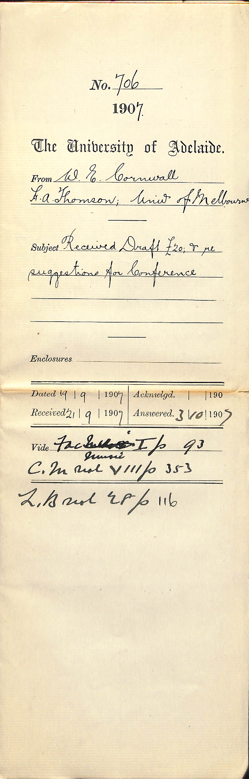 Walter Emerson Cornwall H A Thomson - University of Melbourne - Received Draft &pound;20 suggestions for Conference