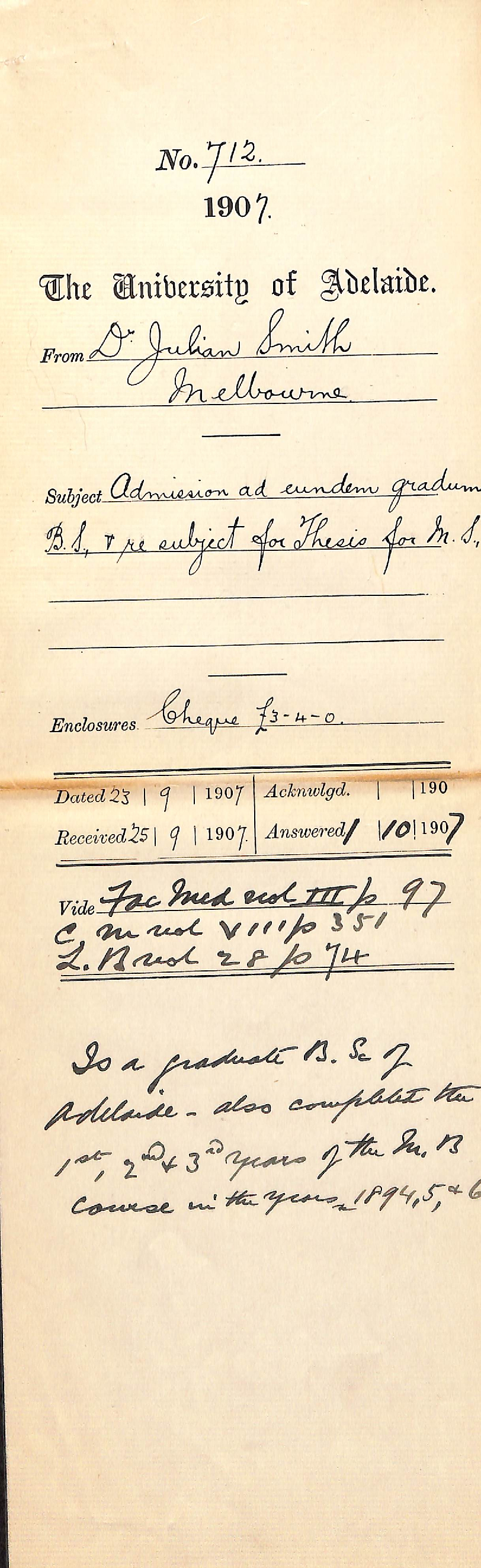 Dr Julian Smith - Melbourne - Admission ad eundem gradum BS and subject for Thesis for MS