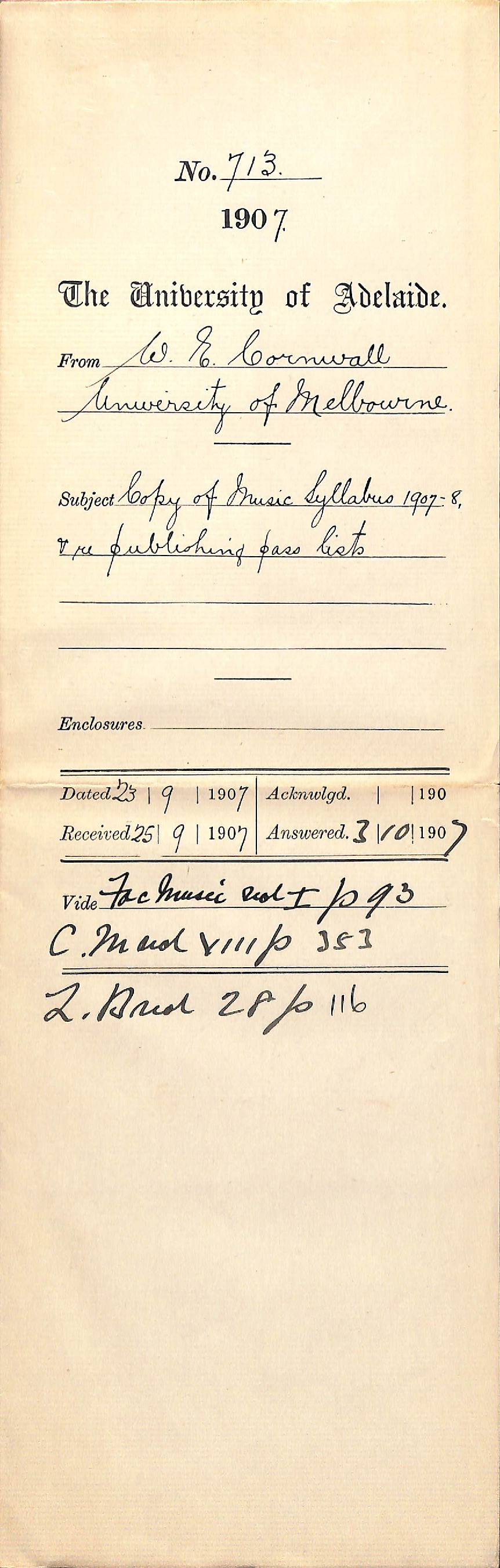 Walter Emerson Cornwall - University of Melbourne - Copy of Music Syllabus 1907-1908 and publishing pass lists