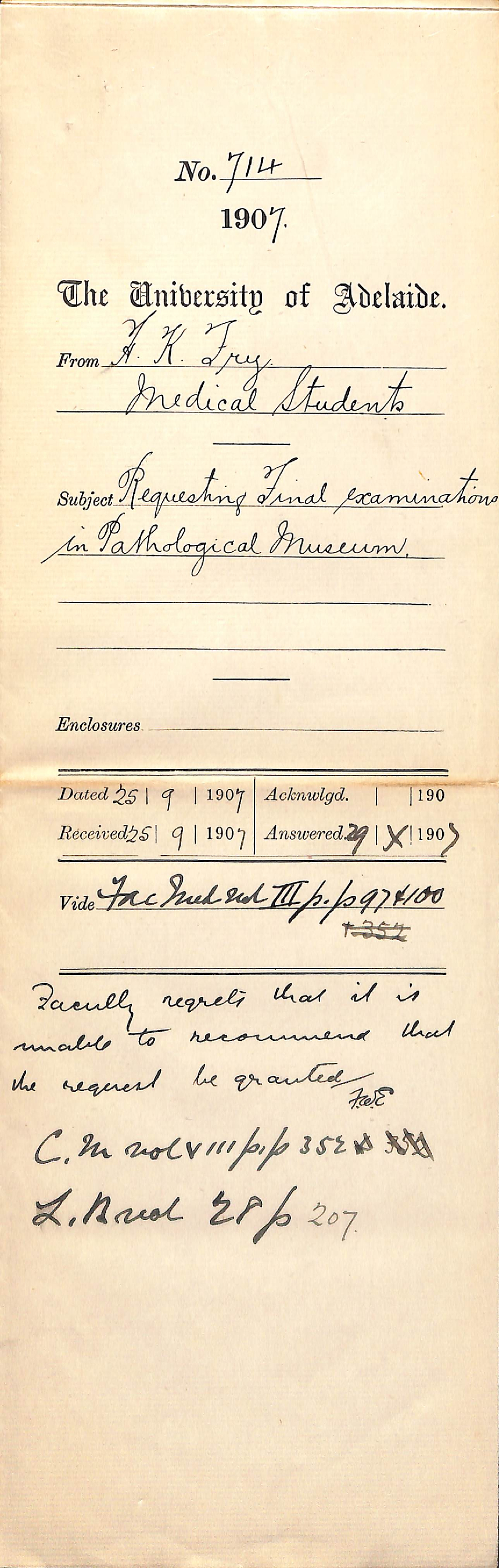 H K Fry - Medical Students - Requesting Final examinations in Pathological Museum