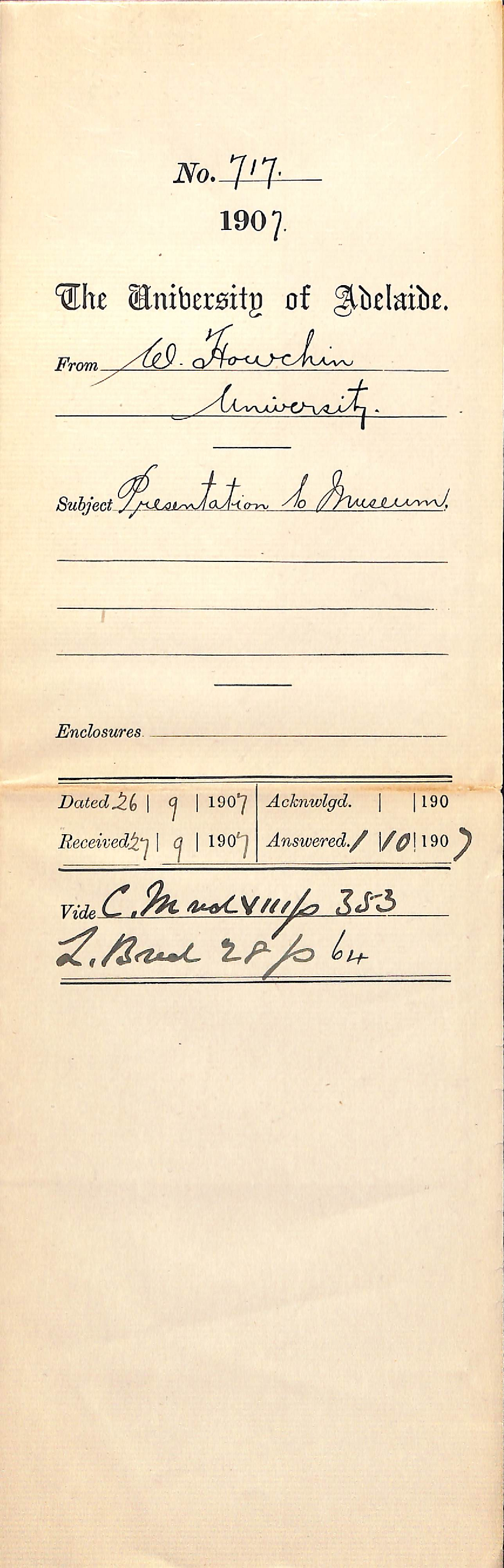 Walter Howchin - University - Presentation to Museum