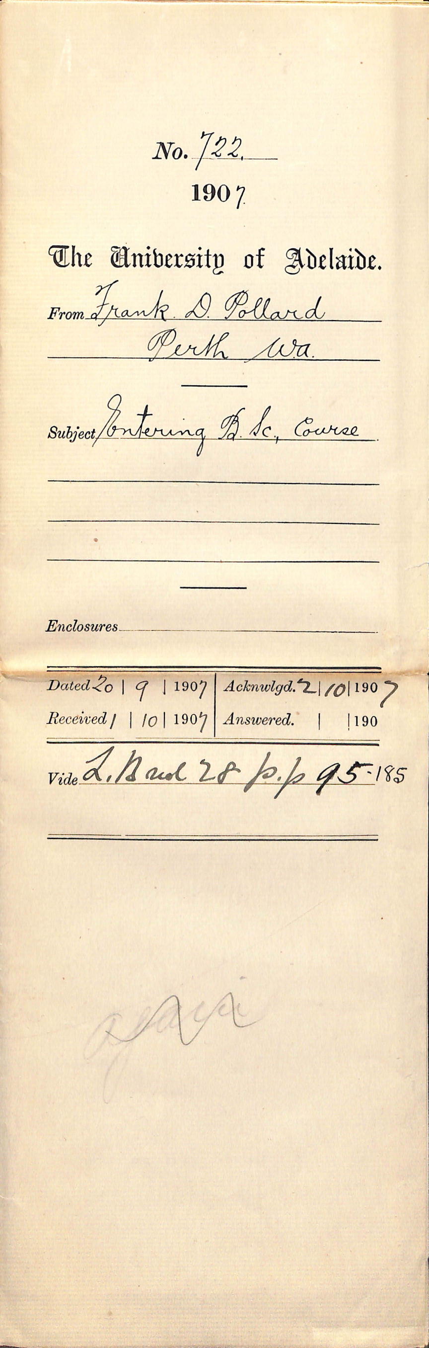 Frank D Pollard - Perth Western Australia - Entering BSc course