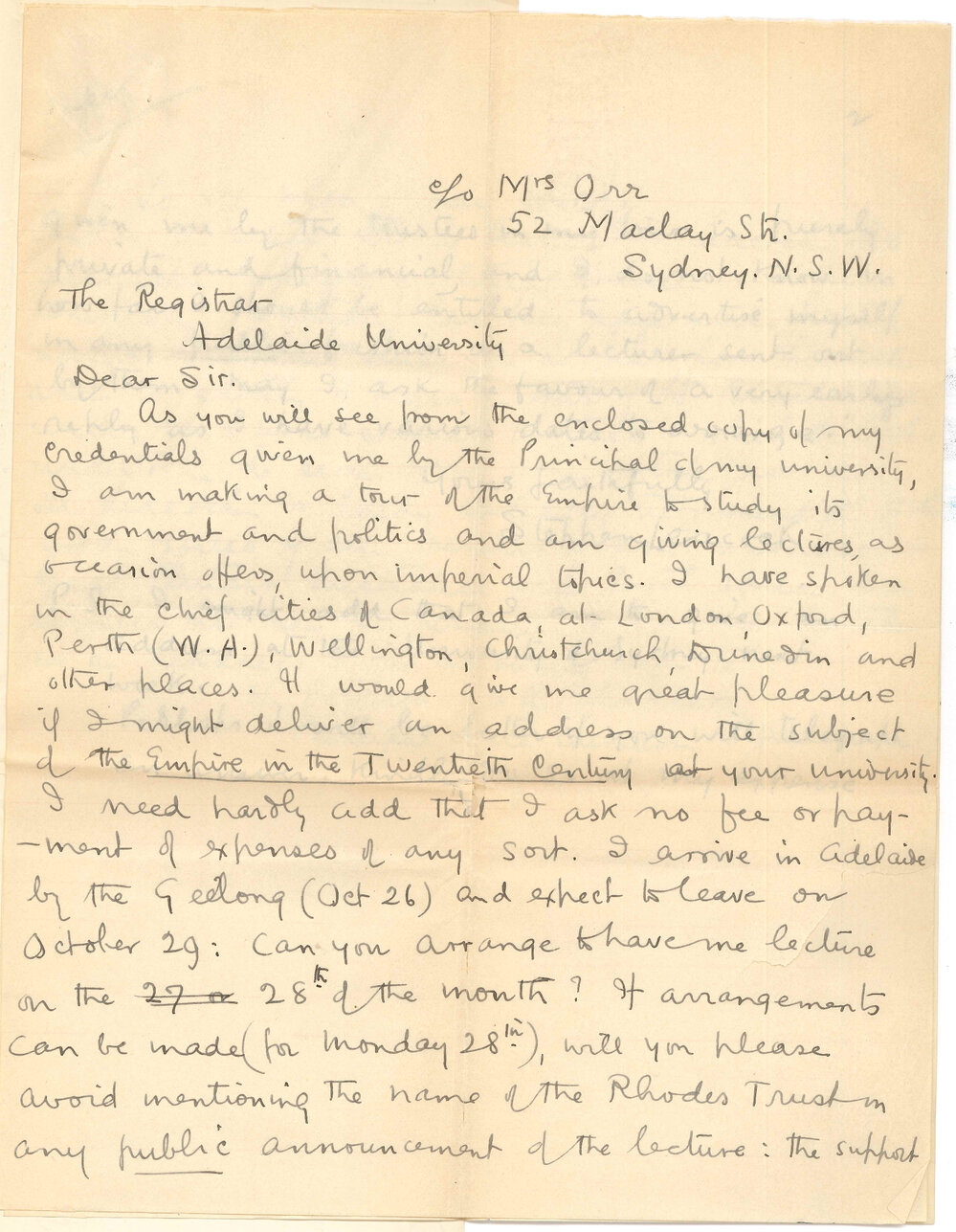 Stephen Leacock - Sydney - Wishing to deliver lecture on Empire in the 20th Century on 28th October