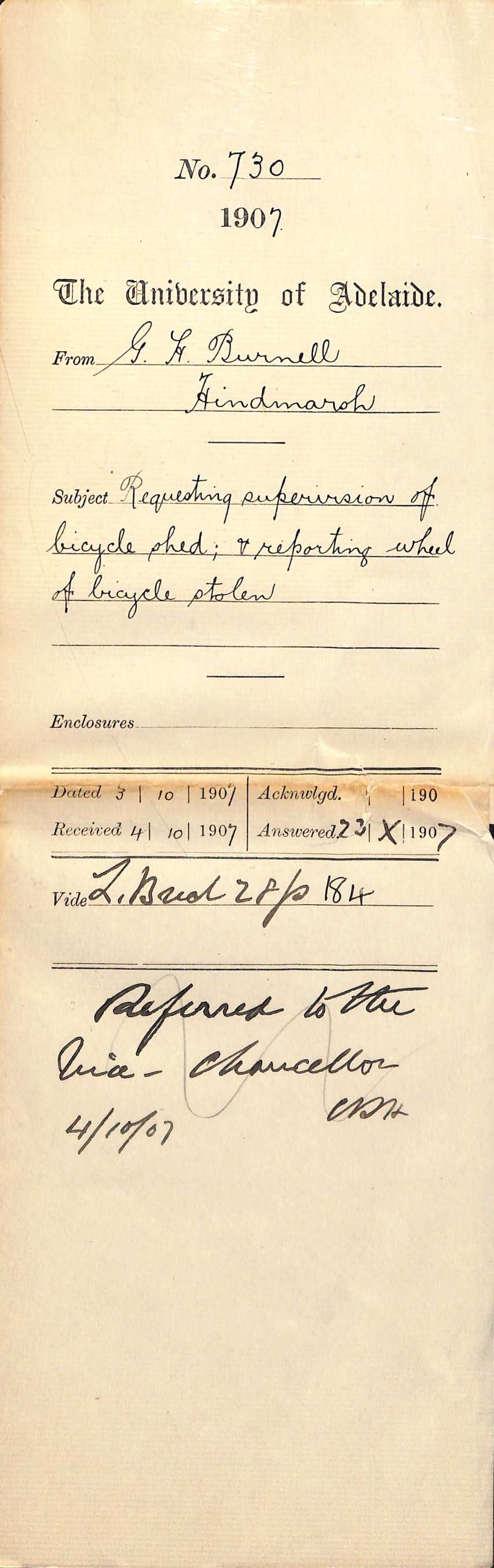 G H Burnell - Hindmarsh - Requesting supervision of bicycle shed and reporting wheel of bicycle stolen