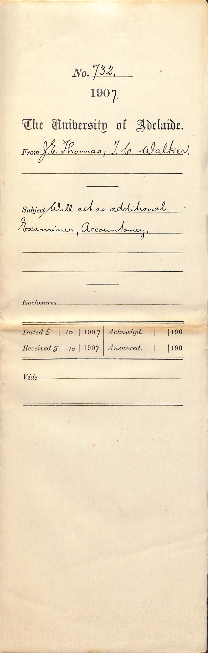 J E Thomas and Thomas C Walker - Will act as additional Examiners Accountancy