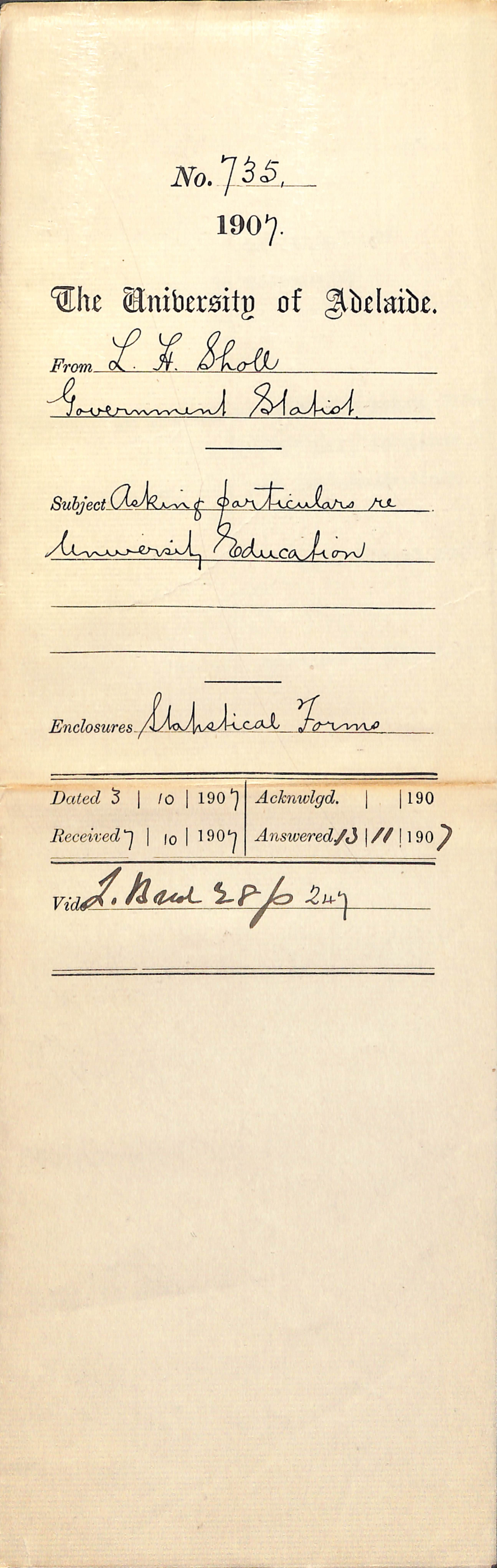 Lionel Henry Sholl - Government Statist - Asking particulars re University Education