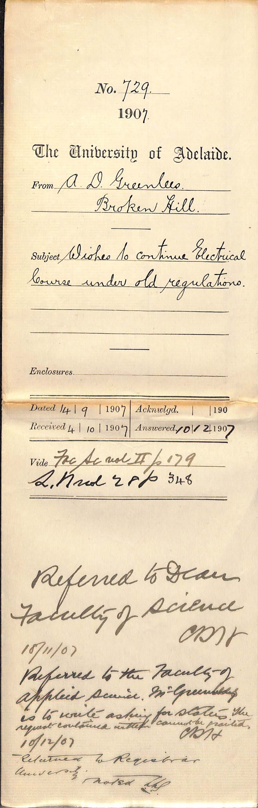 A D Greenlees - Broken Hill - Wishes to continue Electrical Course under old regulations