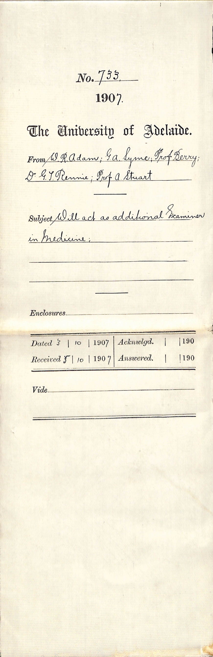 WR Adam  GA Syme  Professor Richard JA Berry  Dr GT Rennie and Professor A Stuart - Will act as additional Examiners in Medicine