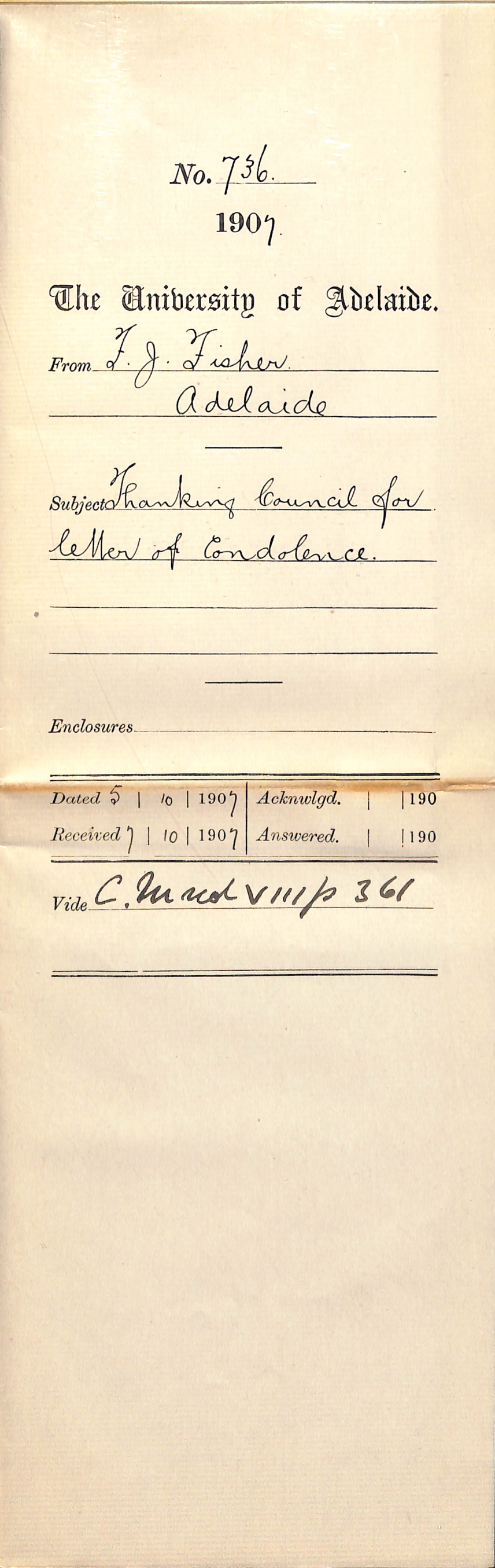 Francis J Fisher - Adelaide - Thanking Council for letter of Condolence