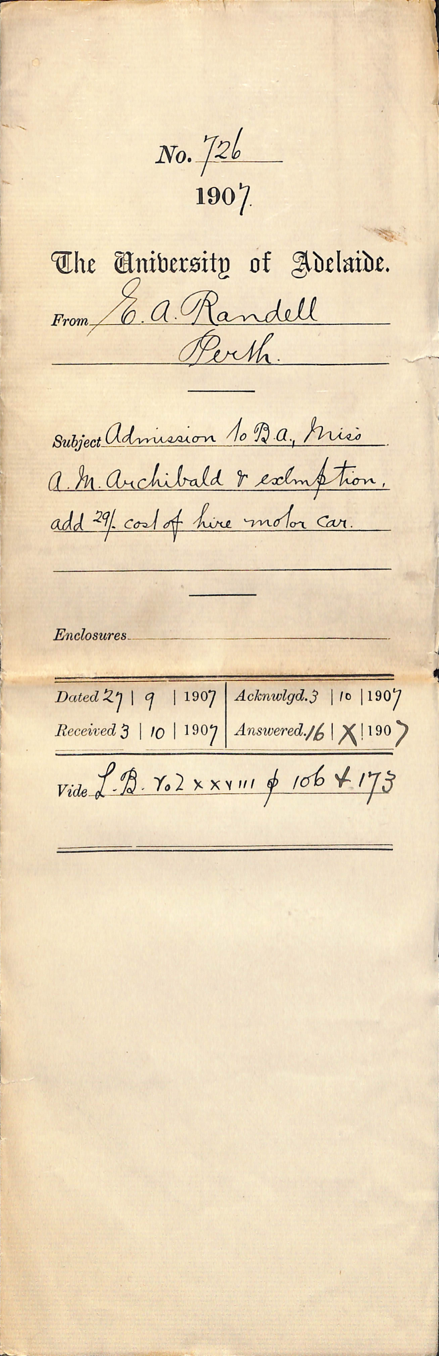 E A Randell - Perth - Admission to BA Miss A M Archibald exemption add &pound;0-29-0 cost of hire motor car