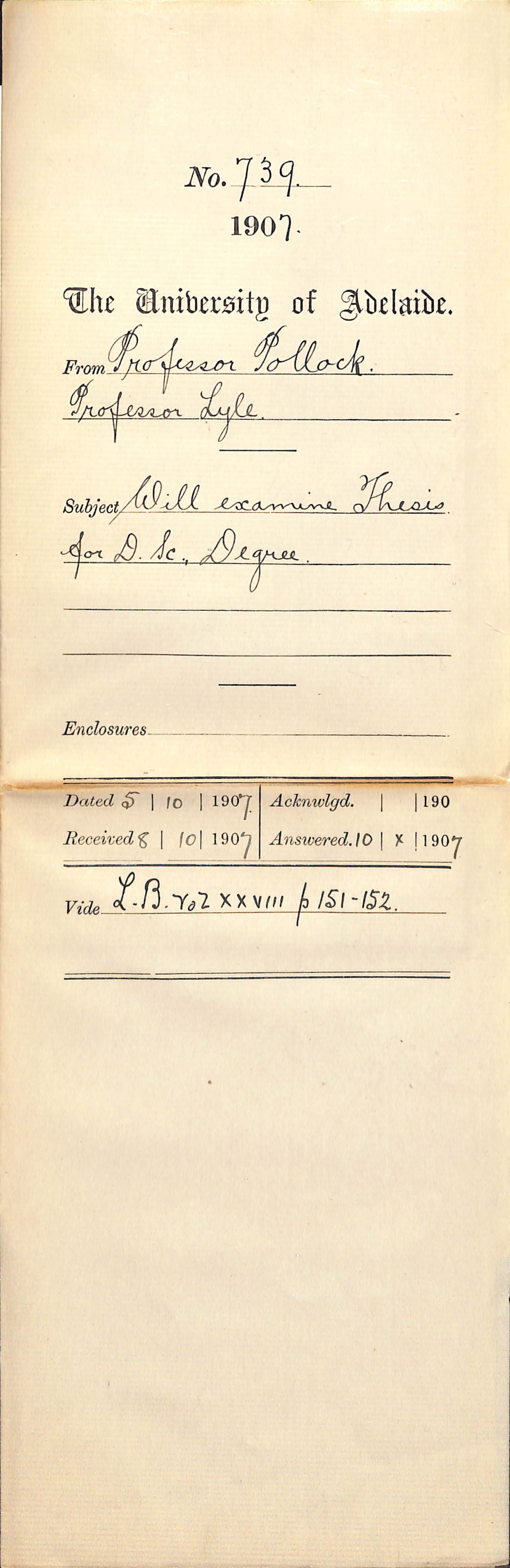 Professor Pollock and Professor Thomas R Lyle - Will Examine Thesis for DSc Degree