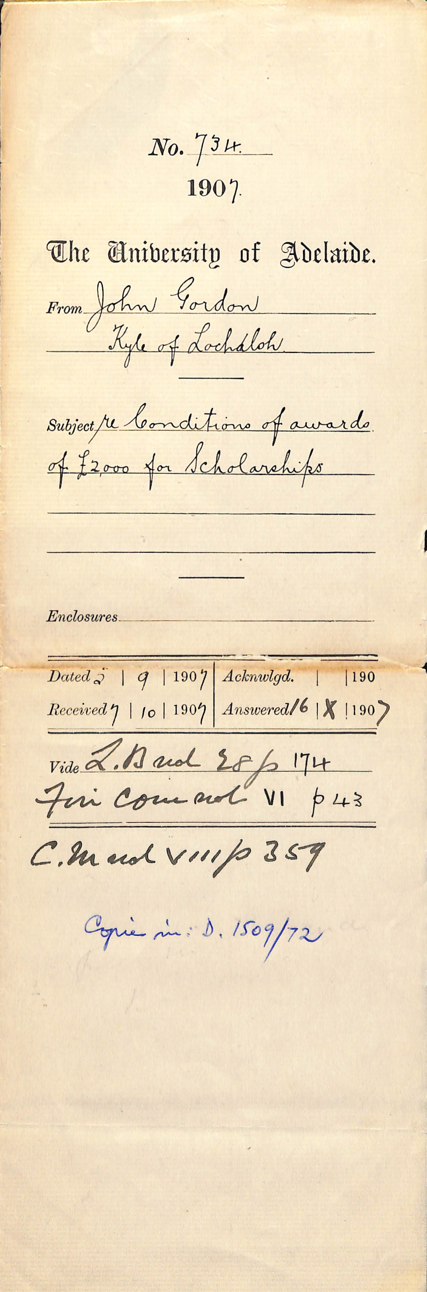 John Gordon - Kyle of Lochaloh - Condition of awards of &pound;2,000 for Scholarships