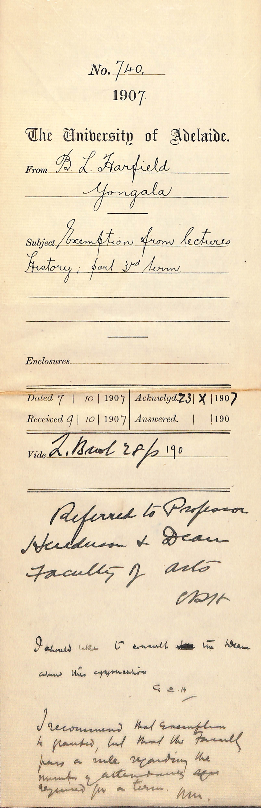 Bowman L Harfield - Yongala - Exemption from Lectures History part 3rd Term