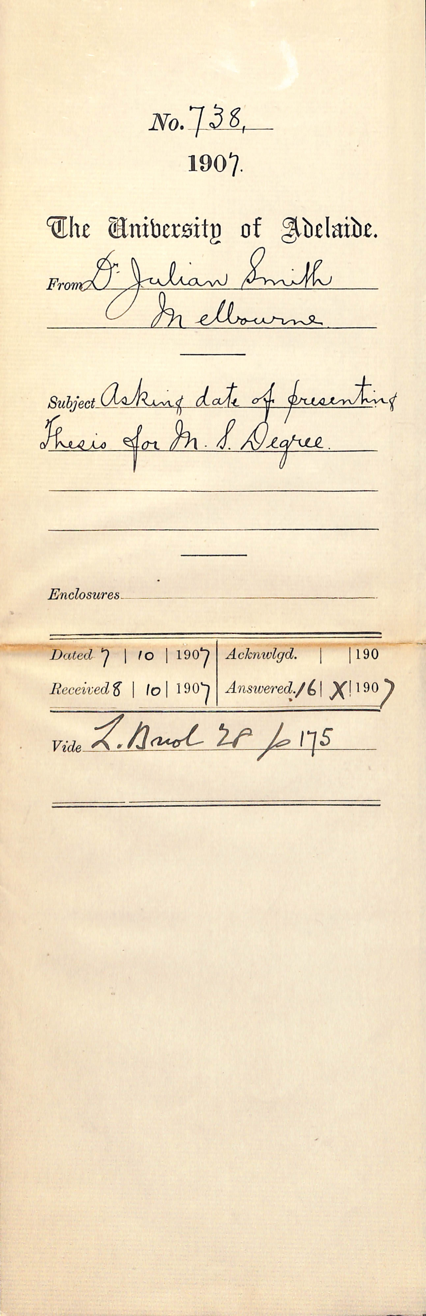 Dr Julian Smith - Melbourne - Asking date of presenting Thesis for MS Degree