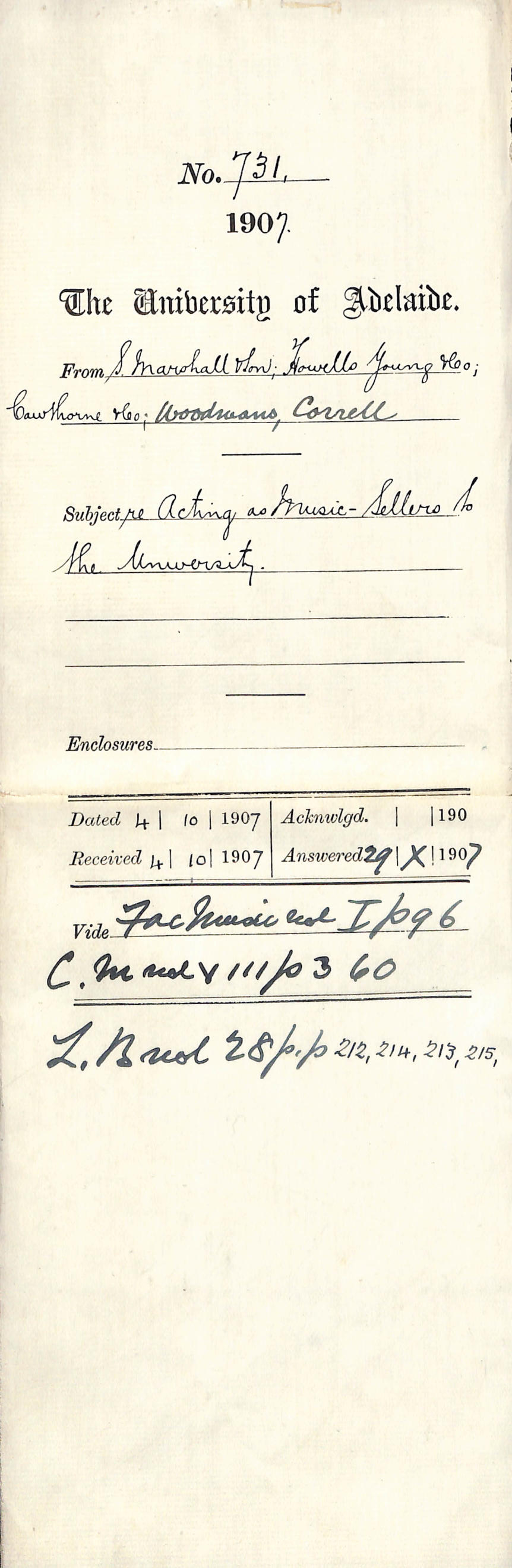 S Marshall and Son Howells Young and Co Cawthorne and Co Woodmans and Correll - Acting as Music Sellers to the University