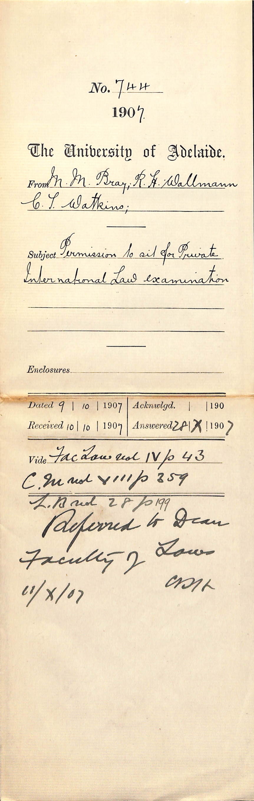 MM Bray  RH Wallmann and CT Watkins - Permission to sit for Private International Law Examination