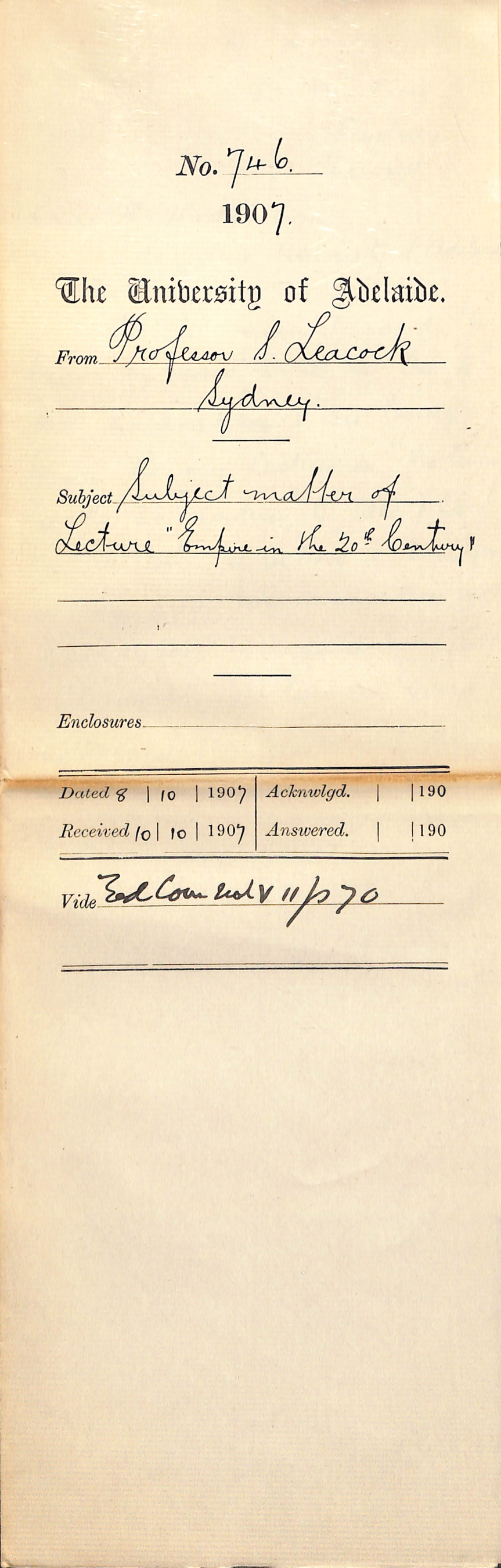 Professor Stephen Leacock - Sydney - Subject matter of Lecture Empire in the 20th Century