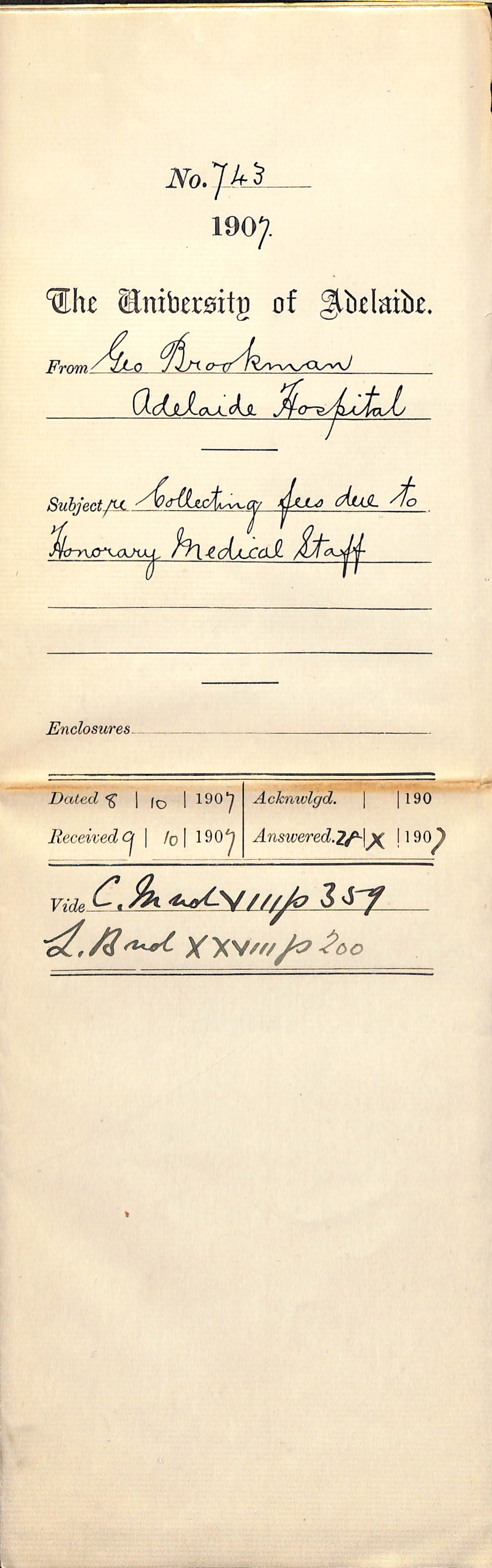 George Brookman - Adelaide Hospital - Collecting fees due to Honorary Medical Staff