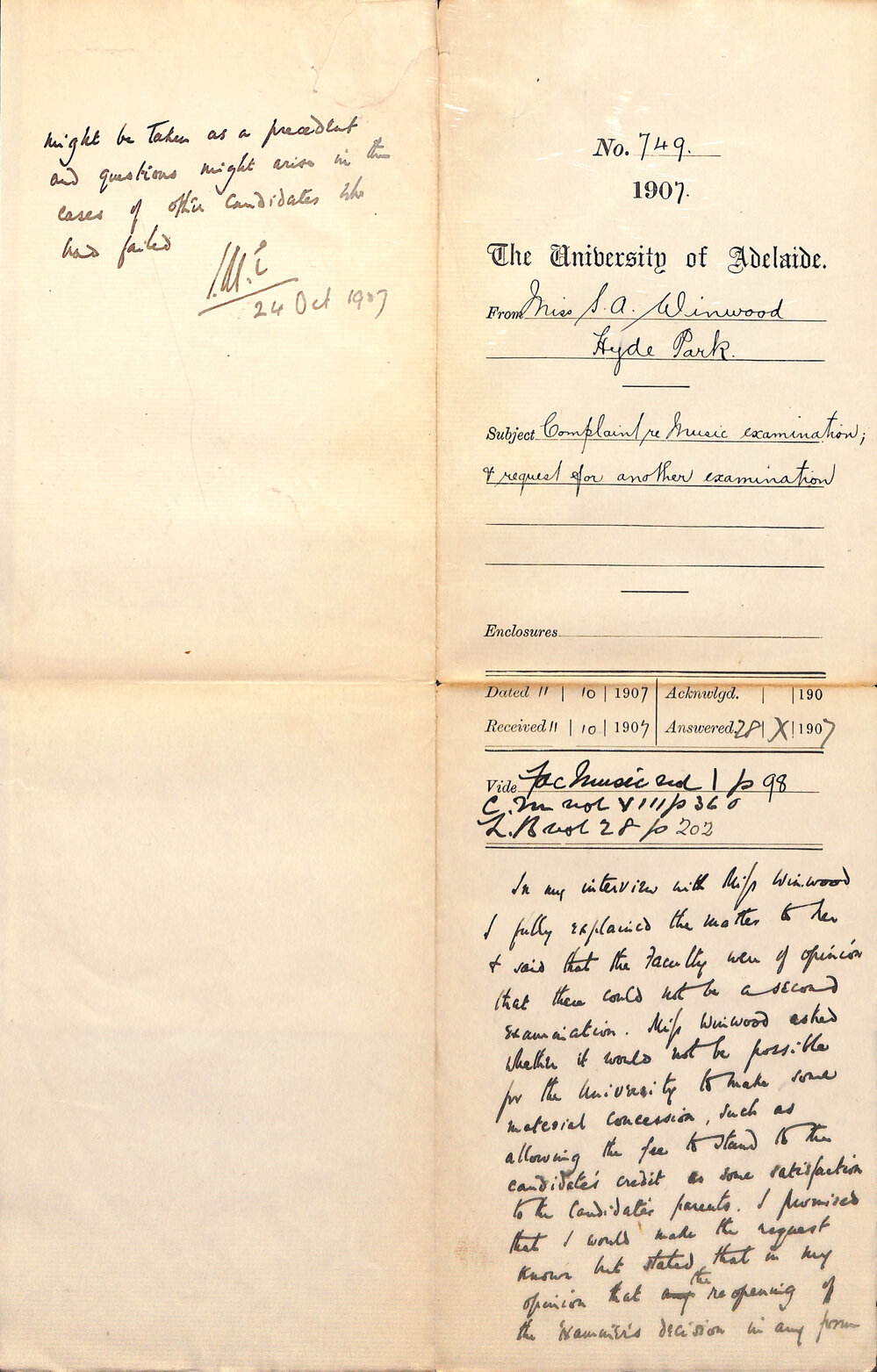 Miss Susan Ann Winwood - Hyde Park - Complaint re Music Examination and request for another Examination