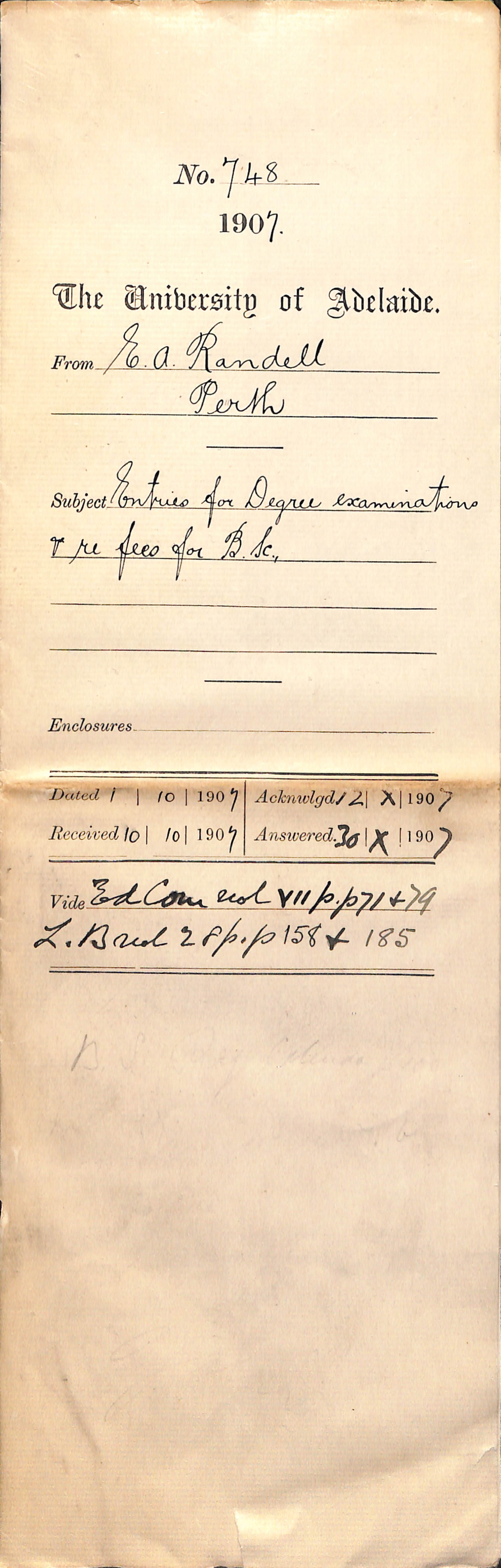 E A Randell - Perth - Entries for Degree Examinations and Fees for BSc