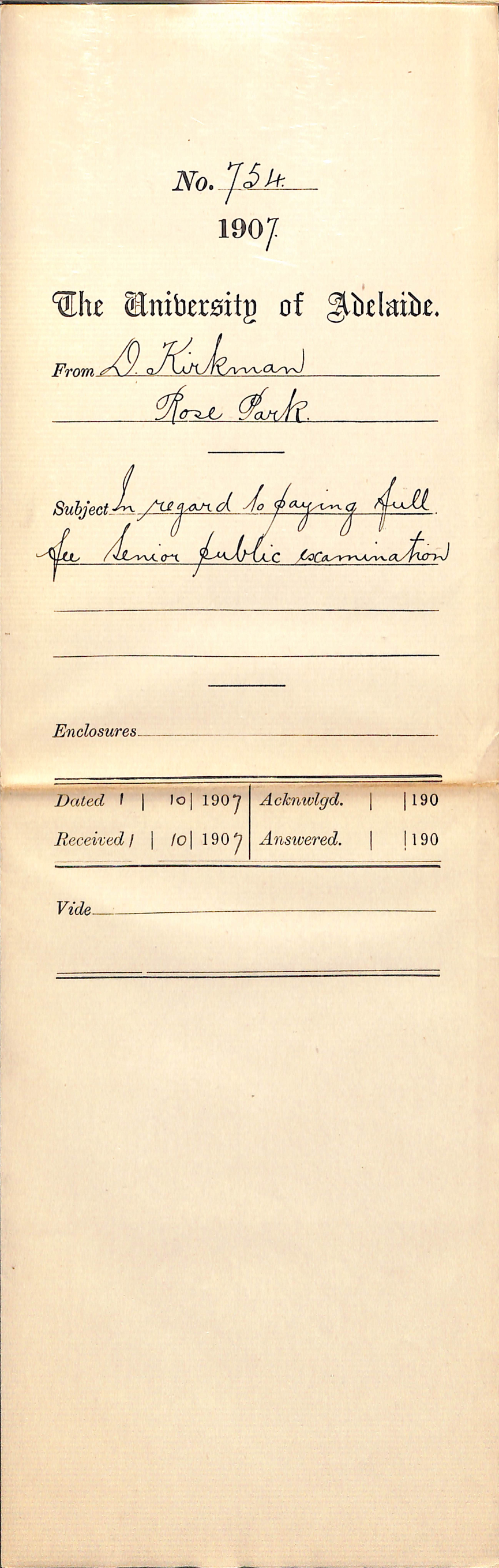 D Kirkman - Rose Park - In regard to paying full fee Senior Public Examination