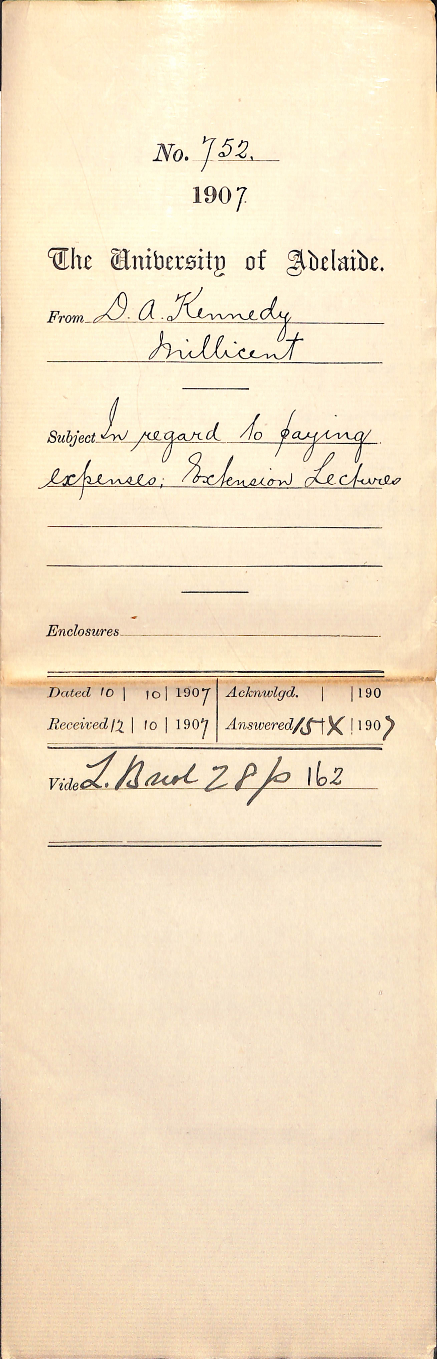 D A Kennedy - Millicent - In regard to paying expenses Extension Lectures