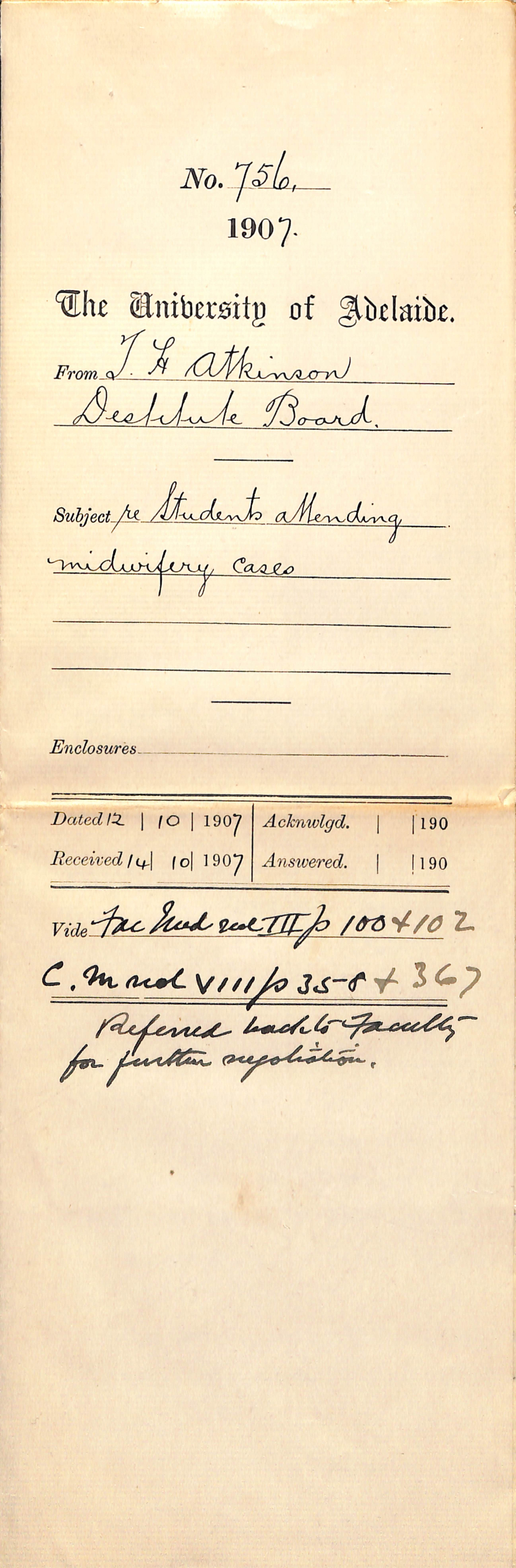 T H Atkinson - Destitute Board - Students attending Midwifery Cases