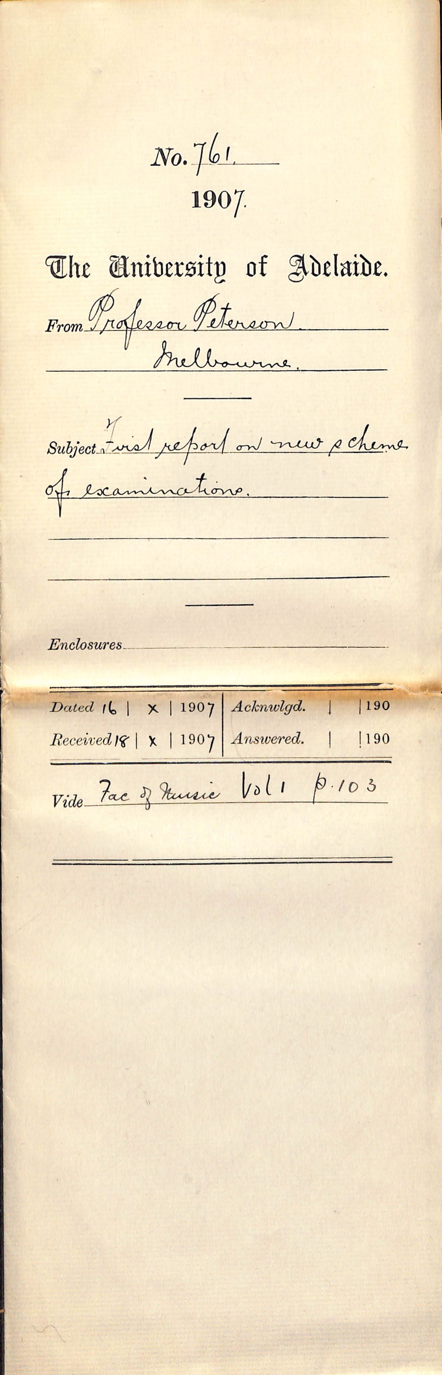 Professor Peterson - Melbourne - First report on New Scheme of Examinations