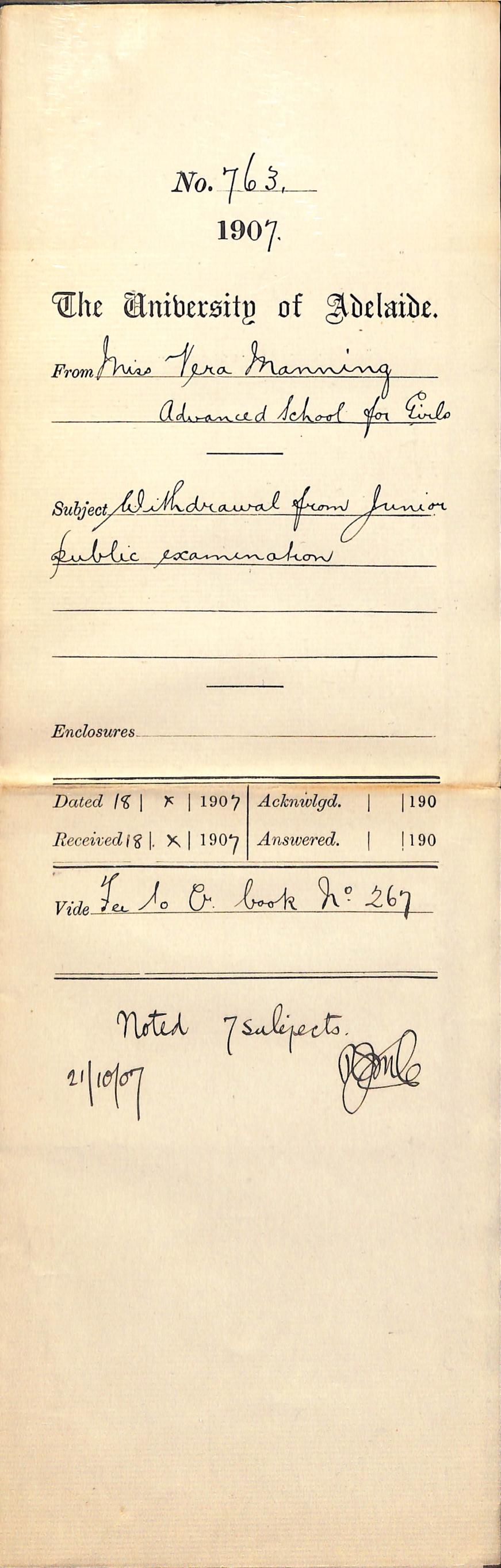 Miss Vera Manning - Advanced School for Girls - Withdrawal from Junior Public Examination