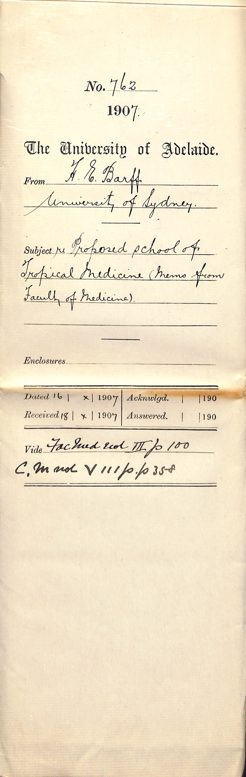 H E Barff - University of Sydney - Proposed School of Tropical Medicine Memorandum from Faculty of Medicine