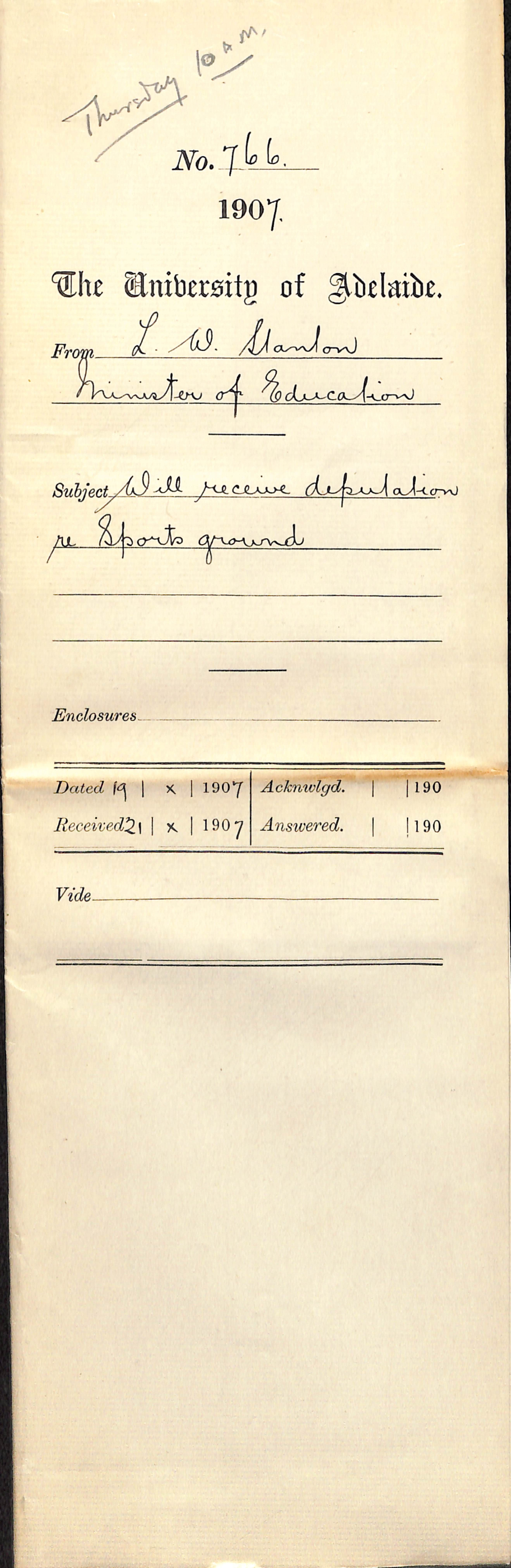 L W Stanton - Minister of Education - Will receive deputation re Sports Ground