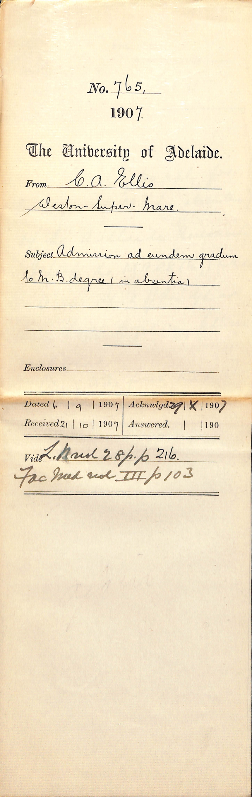 Carlton Atkinson Ellis - Weston Super Mare - Admission ad eundem gradum to MB Degree in absentia