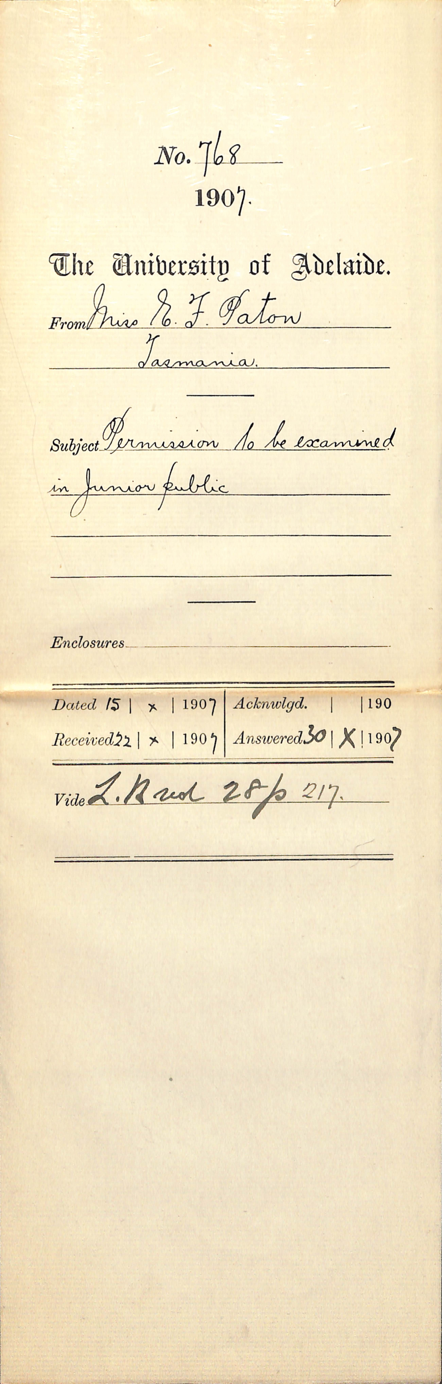 Miss Eleanor F Paton - Tasmania - Permission to be Examined in Junior Public