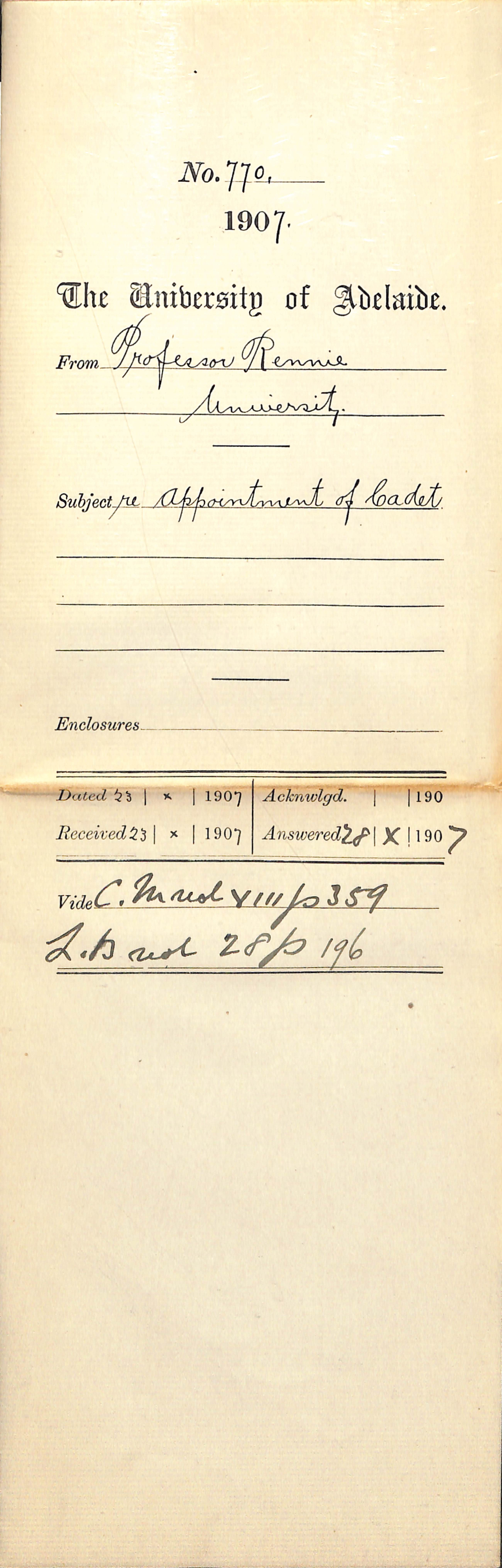 Professor Edward H Rennie - University - Appointment of Cadet