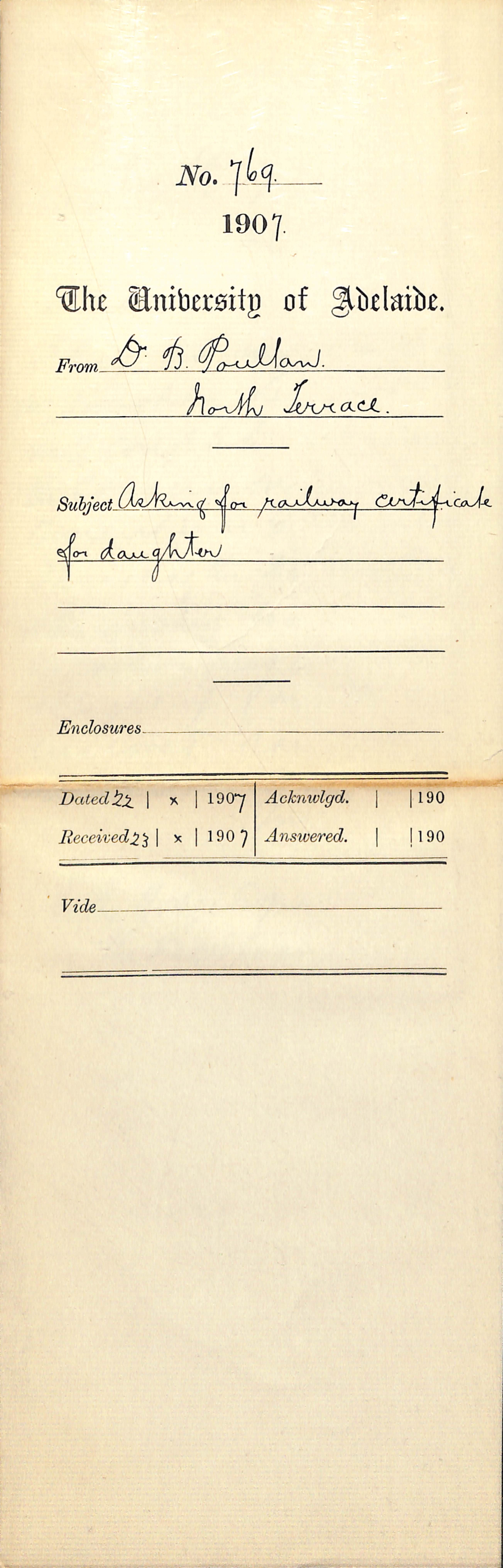 Dr Benjamin Poulton - North Terrace - Asking for Railway Certificate for daughter