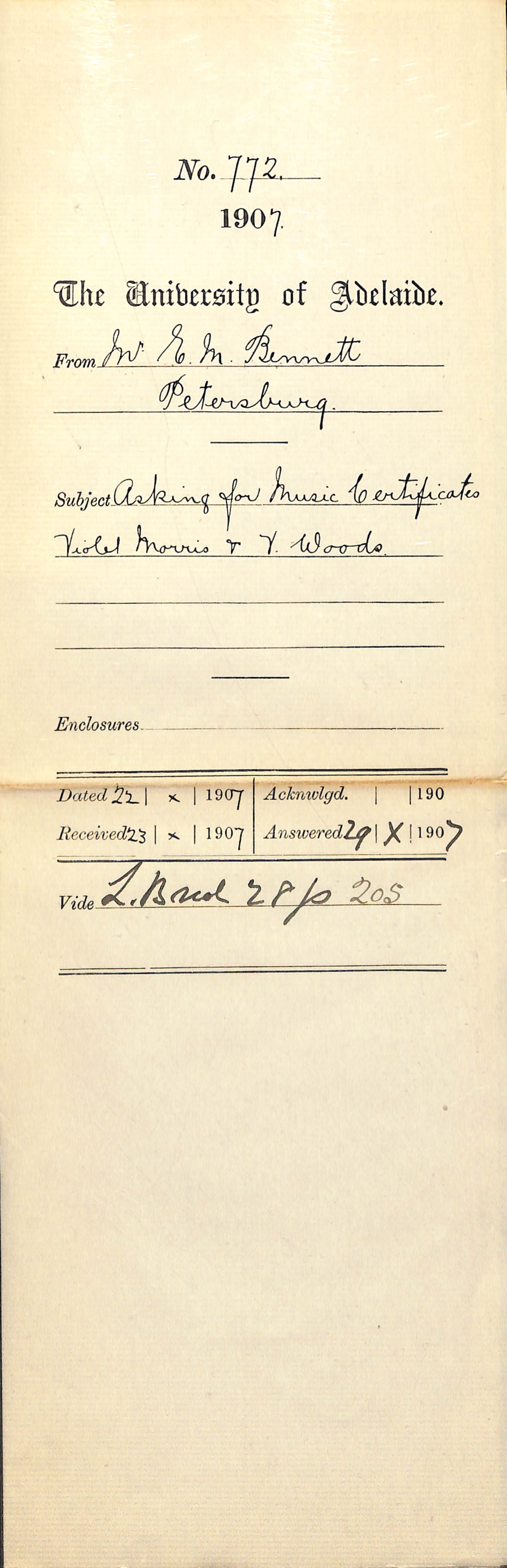 Mr E M Bennett - Petersburg - Asking for Music Certificates Violet Morris and V Woods