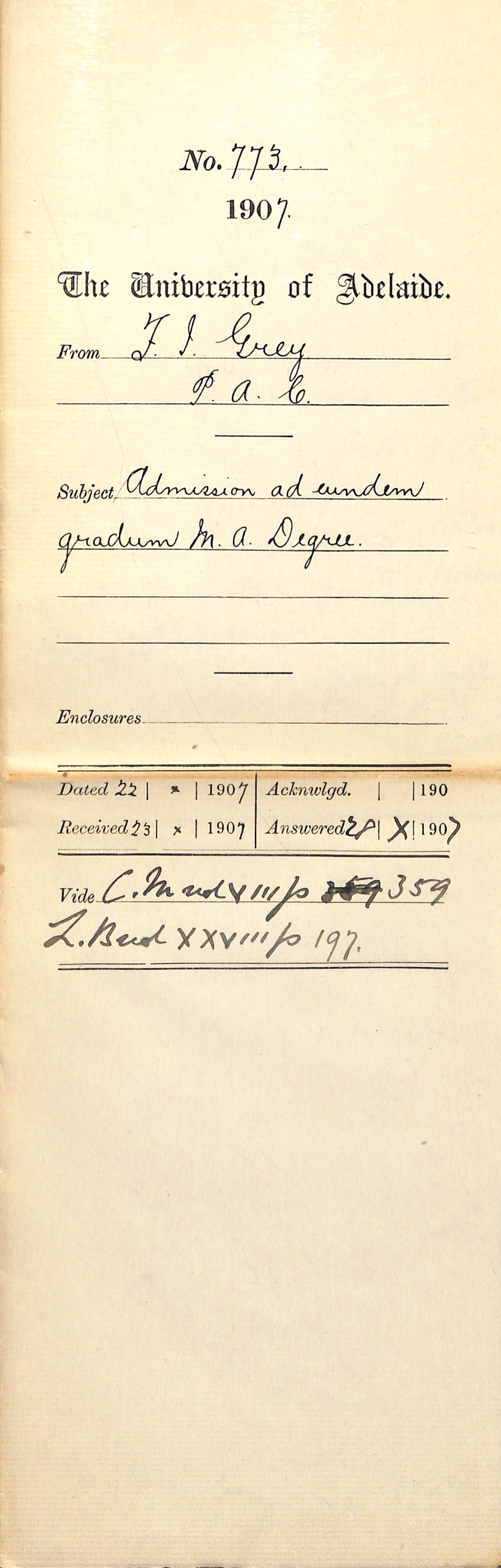 Francis Isaac Grey - Prince Alfred College - Admission ad eundem gradum MA Degree