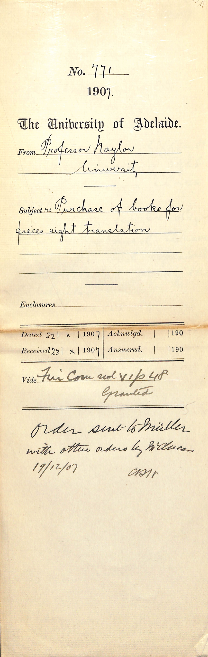 Professor H Darnley Naylor - University - Purchase of Books for Sight Translation