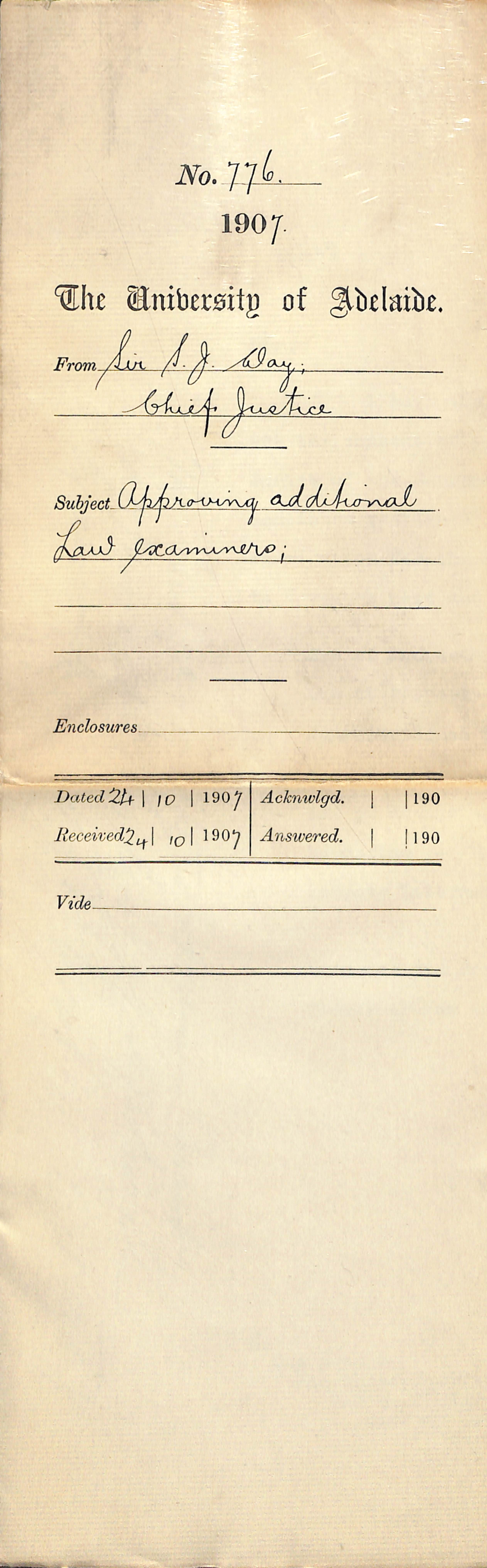 Sir Samuel James Way - Chief Justice - Approving additional Law Examiners